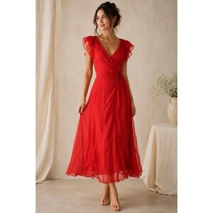 Red Maxi Wrap Dress with Flutter Sleeves